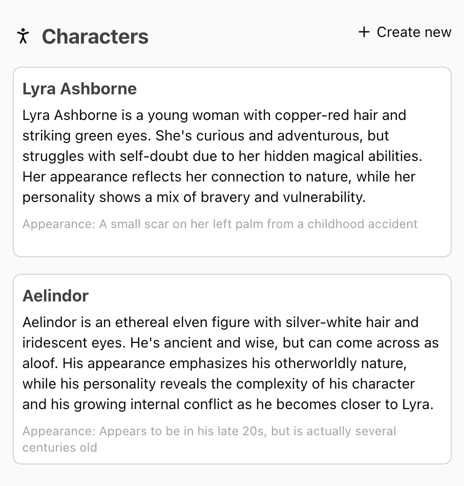 Character management for AI-assisted fiction writing